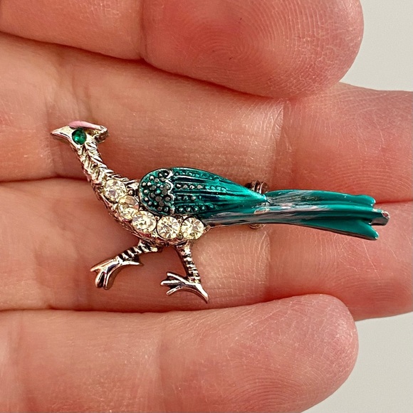 Roadrunner Brooch Pin Silver Tone Rhinestone and Teal Enamel - Picture 4 of 4